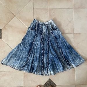 Washed Blue Denim Maxi Skirt - Casual Flared Design